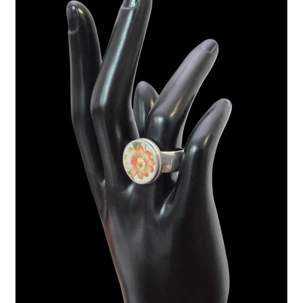 Women's Size 7 Baroque Handpainted Ceramic Flower Sterling 925 Vintage Wide Ring
